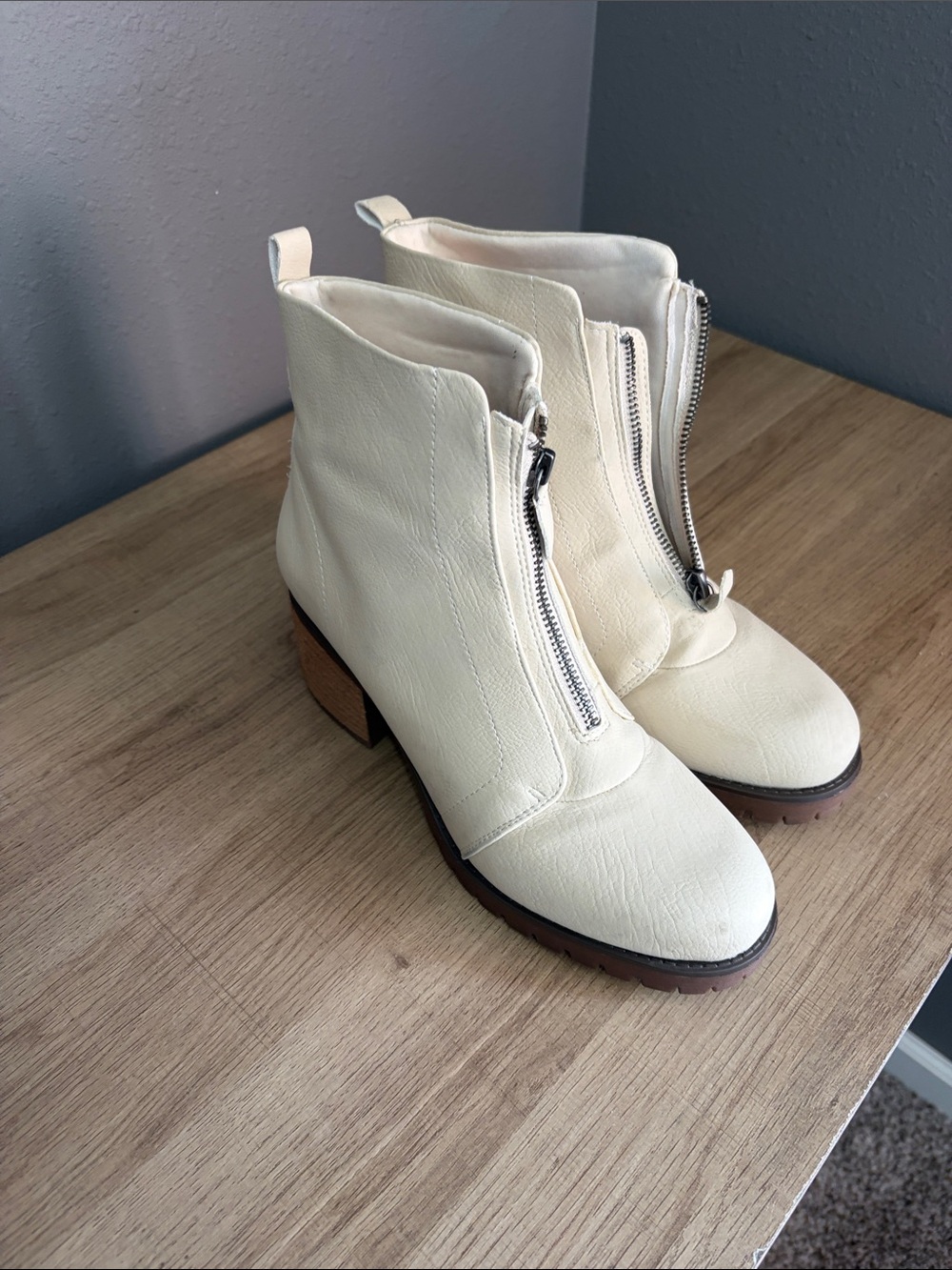 MIA Cream Front-Zip Ankle Booties with Block Heel